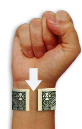 Dollar bill wrapped around wrist